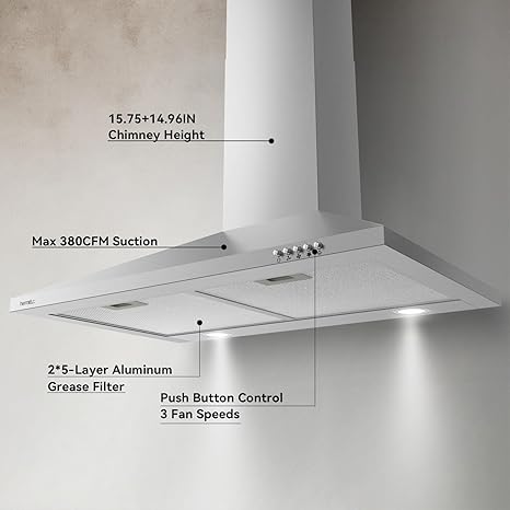 Hermitlux Range Hood 30 inch Stainless Steel, Wall Mount Vent Hood for Kitchen with Charcoal Filter, Ducted/Ductless Convertible