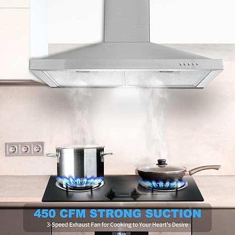 Wall Mount Range Hood 30 inch with Ducted/Ductless Convertible Duct, Stainless Steel Chimney-Style Over Stove Vent Hood with LED Light, 3 Speed Exhaust Fan, 450 CFM