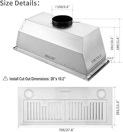 Range Hood Insert 30 inch,Stainless Steel Kitchen Vent Hood 600CFM,Built-in Kitchen Stove Hood w/Front Button Controls and Front LED Lights,Baffle Filters,Ducted/ductless Convertible Duct