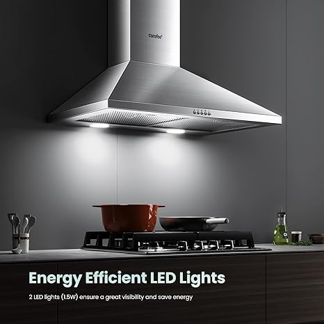 COMFEE' CVP30W6AST Ducted Pyramid Range 450 CFM Stainless Steel Wall Mount Vent Hood with 3 Speed Exhaust Fan, 5-Layer Aluminum Permanent Filters, Two LED Lights, Convertible to Ductless, 30 inches
