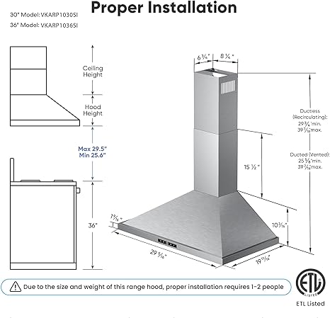 Wall Mount Range Hood 30 inch, 580 CFM, Ducted/Ductless Convertible, Stainless Steel Kitchen Vent Hood with 3-Speed Fan and LED Lights