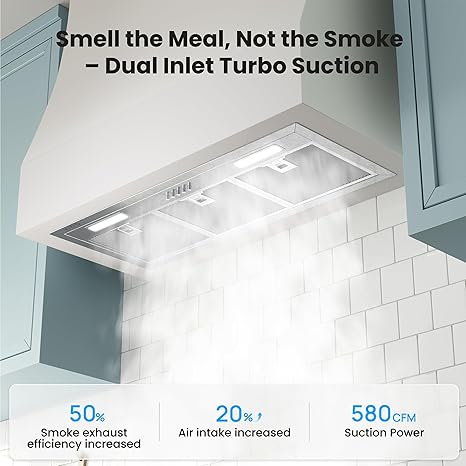 Range Hood Insert 36 Inch, Dual Inlet for 50% Better Suction, Includes 2 Charcoal Filters, 3-Speed Push Button Controls,5-Layer Aluminum Mesh Filter, Ducted/Ductless Kitchen Vent