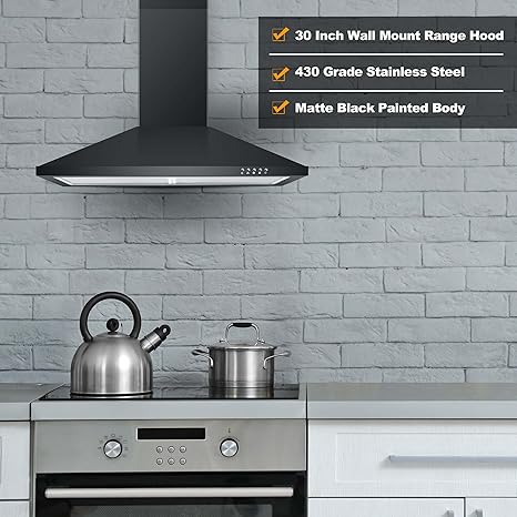 SNDOAS Black Range Hood,Wall Mount Range Hood 30 inch,Stainless Steel Kitchen Hood with Ducted/Ductless Convertible,Stove Vent Hood,Aluminum Filters,3 Speed Exhaust Fan,LED Light,Button Control