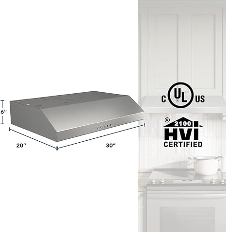 Broan-NuTone BCSQ130SS Three-Speed Glacier Under-Cabinet Range Hood with LED Lights ADA Capable, 1.5 Sones, 375 Max Blower CFM, 30-Inch, Stainless Steel