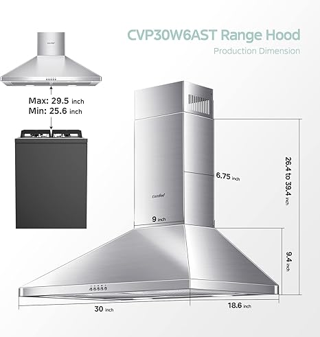 COMFEE' CVP30W6AST Ducted Pyramid Range 450 CFM Stainless Steel Wall Mount Vent Hood with 3 Speed Exhaust Fan, 5-Layer Aluminum Permanent Filters, Two LED Lights, Convertible to Ductless, 30 inches
