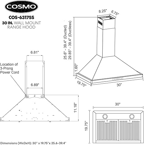 COSMO COS-63175S 30 in. Vista Collection 380 CFM Ducted Wall Mount Range Hood, Touch Controls, LED Lights, Stainless Steel