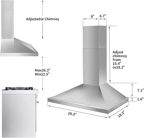 Wall Mount Range Hood 30 inch with Ducted/Ductless Convertible Duct, Stainless Steel Chimney-Style Over Stove Vent Hood with LED Light, 3 Speed Exhaust Fan, 450 CFM