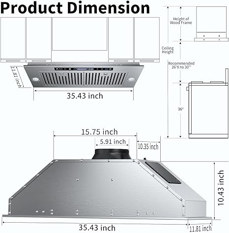 TABU Range Hood Insert 36inch with 900CFM,Built-in Kitchen Hood with 4 Speed, Gesture Sensing/Touch/Remote Control, Delay Off Timer, 2Pcs Lights