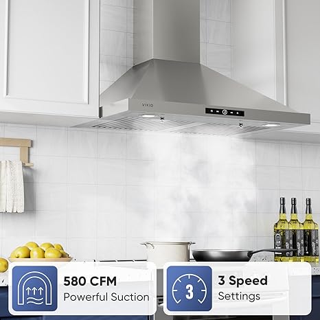 Wall Mount Range Hood 30 inch, 580 CFM, Ducted/Ductless Convertible, Stainless Steel Kitchen Vent Hood with 3-Speed Fan and LED Lights
