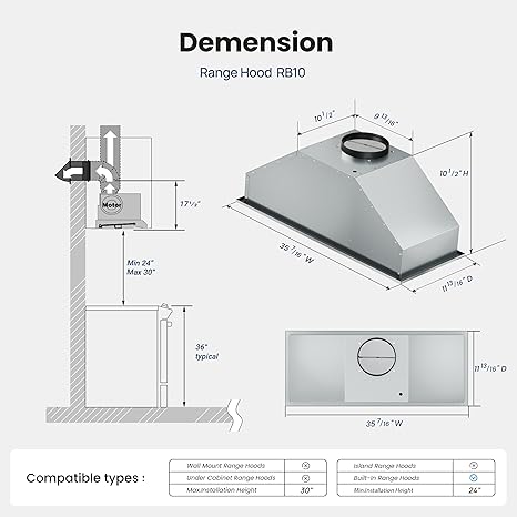 Range Hood Insert 36 Inch, Dual Inlet for 50% Better Suction, Includes 2 Charcoal Filters, 3-Speed Push Button Controls,5-Layer Aluminum Mesh Filter, Ducted/Ductless Kitchen Vent