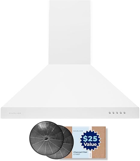 Hauslane Wall Mount Range Hood 30 Inch | Matte White Wall Chimney | 6” Duct/Ductless Convertible, Strong Suction, Six-layer Aluminum Filters, Changeable LED Lamps, Stove Kitchen Vent Hood