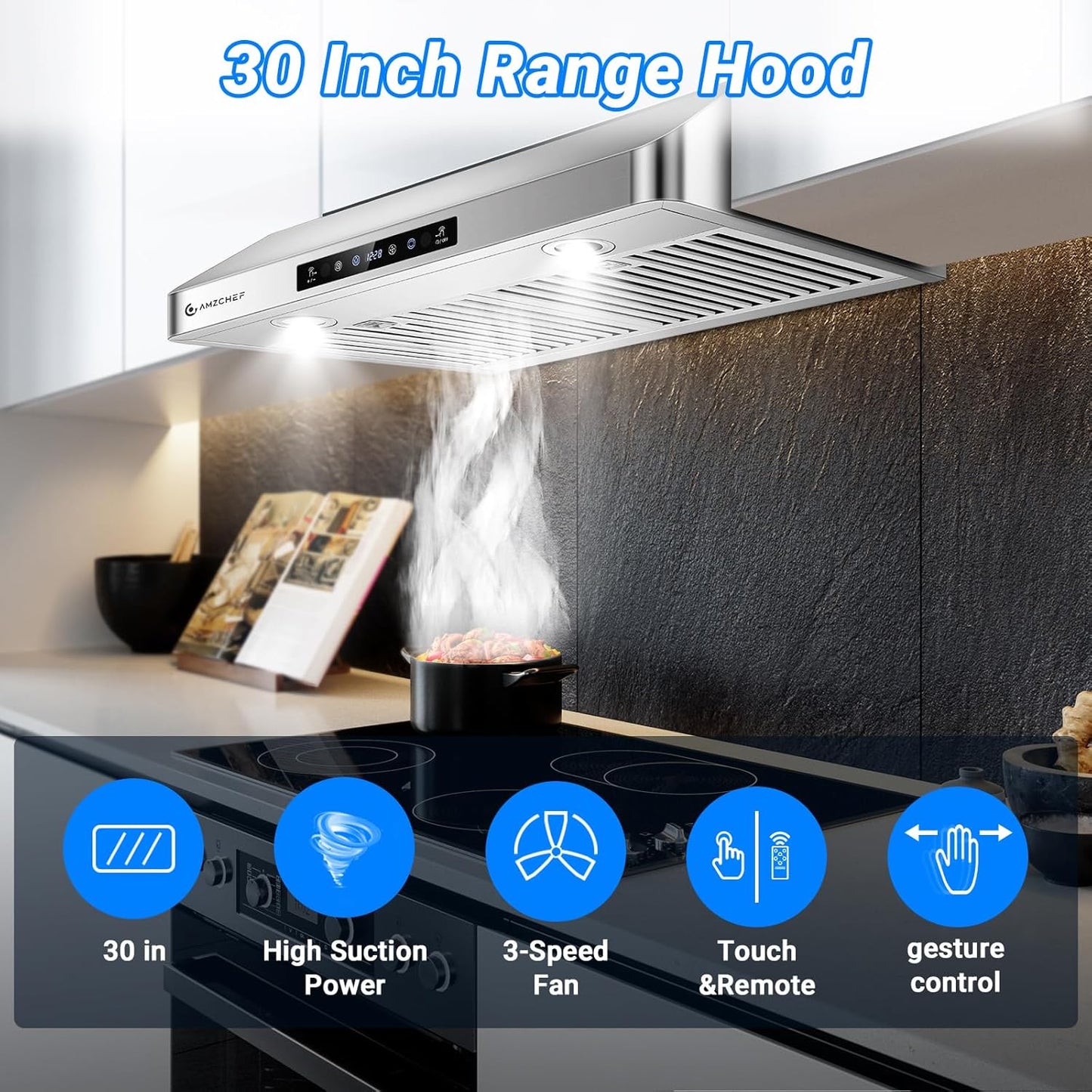 AMZCHEF Under Cabinet Range Hood 30 Inch, 750CFM Stainless Steel Kitchen Stove Vent Hood 3 Speed Exhaust Fan Touch/Remote/Gesture Control LED lights Time Setting Dishwasher-Safe Baffle Filters